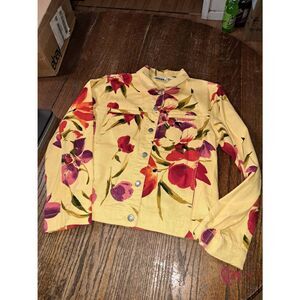 Small Size 4 Chicos 0 Yellow Floral Long Sleeve Cotton Denim Jean Jacket